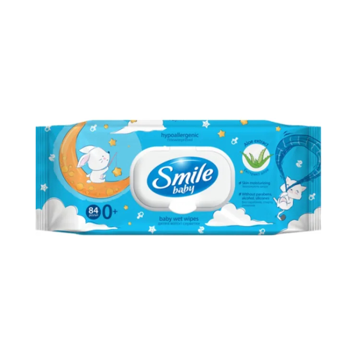 Салфеткаҳои намии Baby Smile барои кӯдакон гипоаллергенӣ бо экстракти алоэ 84 дона