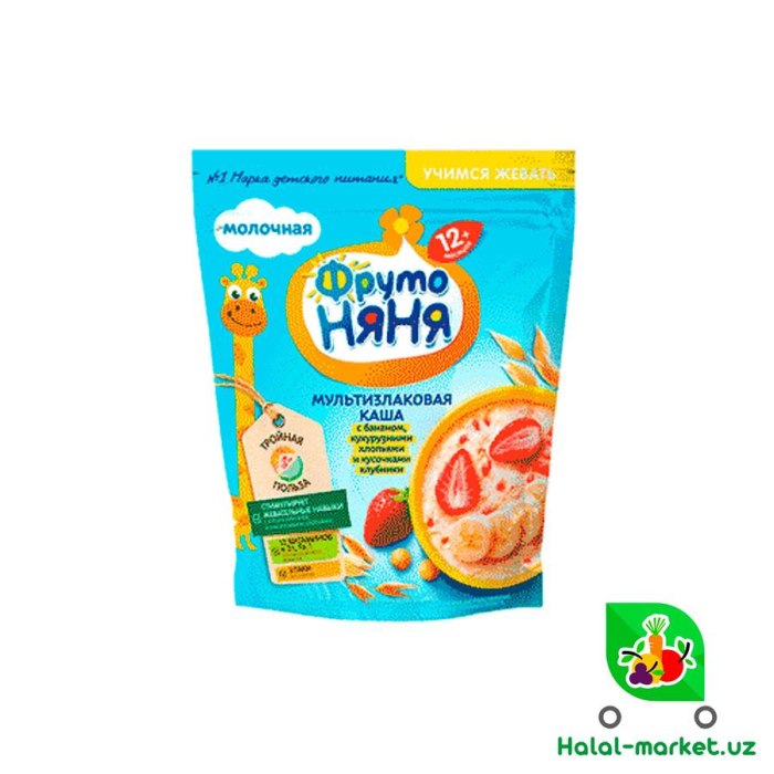 Каша Мультизлаковая ФРУТО НЯНЯ с Бананом,кукурузными хлопьями и кусочками клубники 200гр