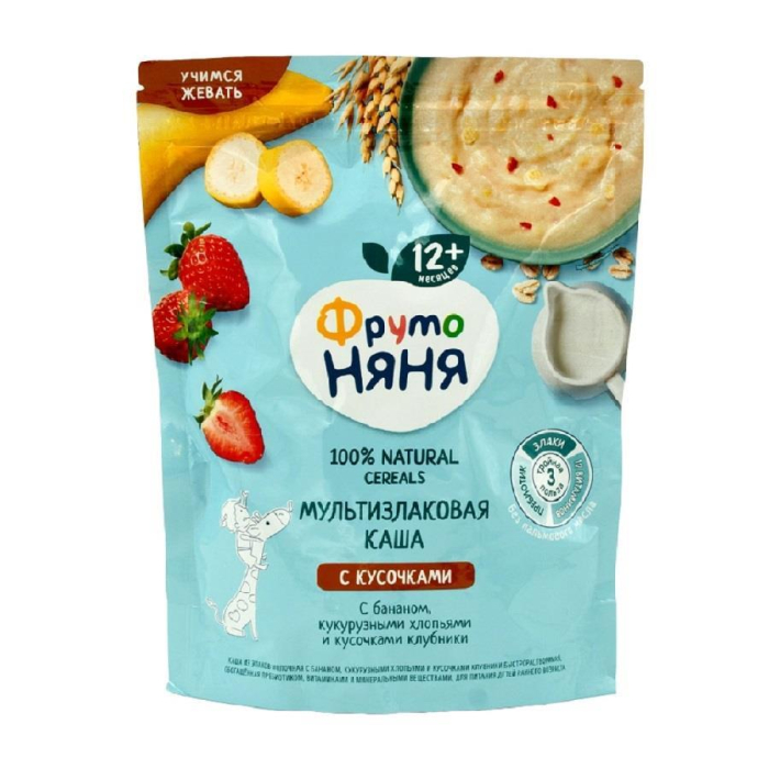 Каша ФРУТО НЯНЯ Мультизлаковая Банан,Кукурузные Хлопья,Клубника 200гр