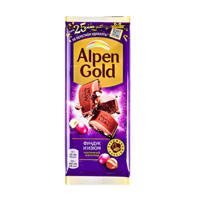 Шоколад ALPEN GOLD Фундук-изюм 85гр