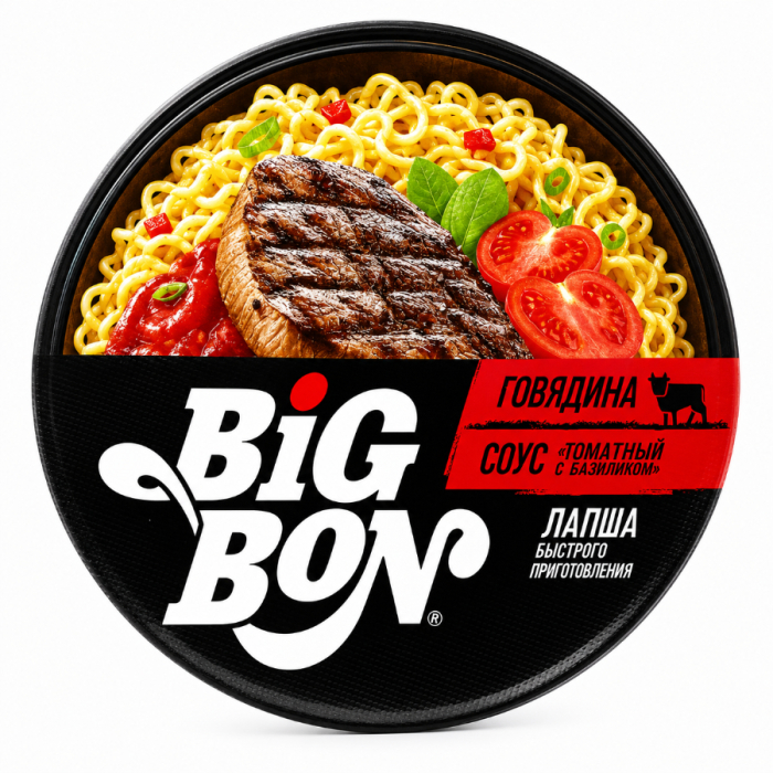 Лапша BIG BON Говядина+соус Томатный с Базиликом 85гр Пл/Б