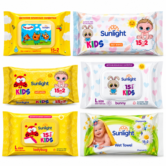 Влажные салфетки детские Sunlight 15+2шт