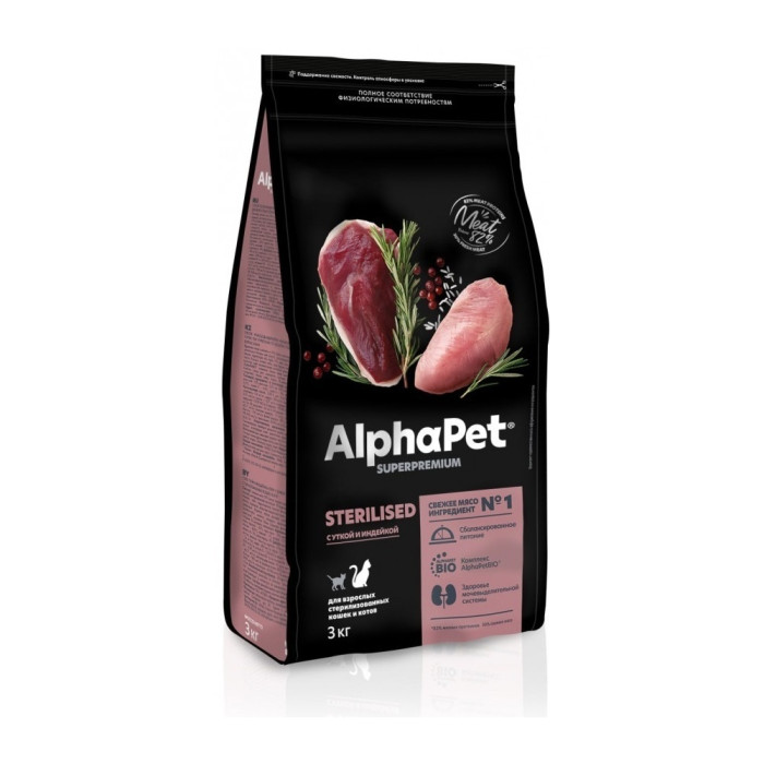 Корм AlphaPet Superpremium Sterilised для стерилизованных утка, индейка 3 кг 4670064651713