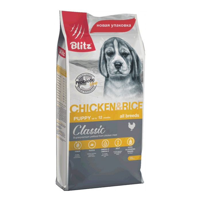 BLITZ Classic Puppy Chicken&Rice для щенков курица и рис 15 кг 4627079680757