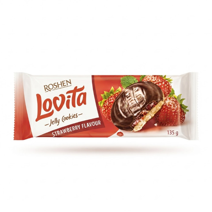 Roshen Lovita Strawberry Flavour qulupnay ta'mli jele va shokolad глазурli pechenye, 135 g