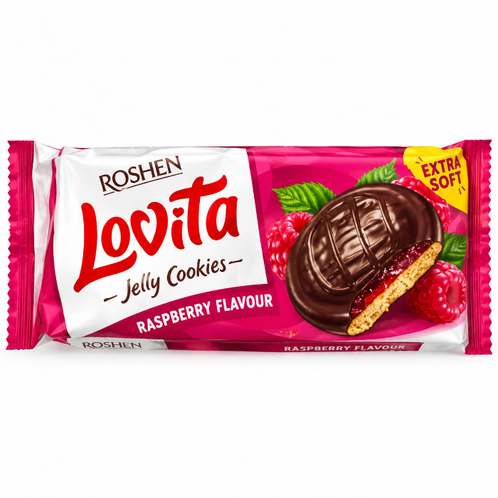 Roshen Lovita Raspberry Flavour malina ta'mli jele va shokolad глазурli pechenye, 135 g