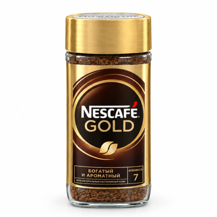 Nescafe Gold eruvchan suzib quritilgan shisha idishdagi qahva, shisha idish