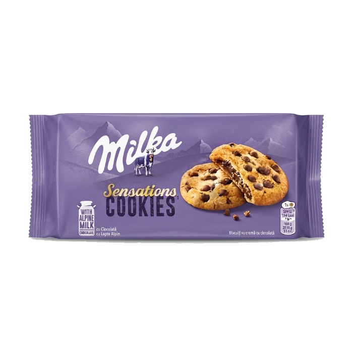 Milka Sensations Cookies shokoladli крем nachinkali va shokolad bo'lakchali pechenye, 156 g