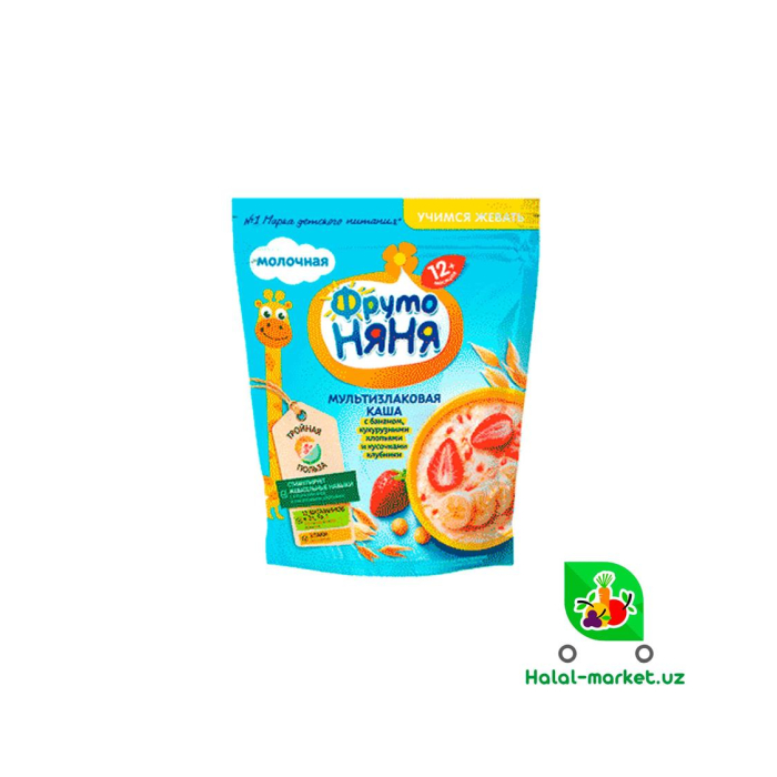 Каша Мультизлаковая ФРУТО НЯНЯ с Бананом,кукурузными хлопьями и кусочками клубники 200гр