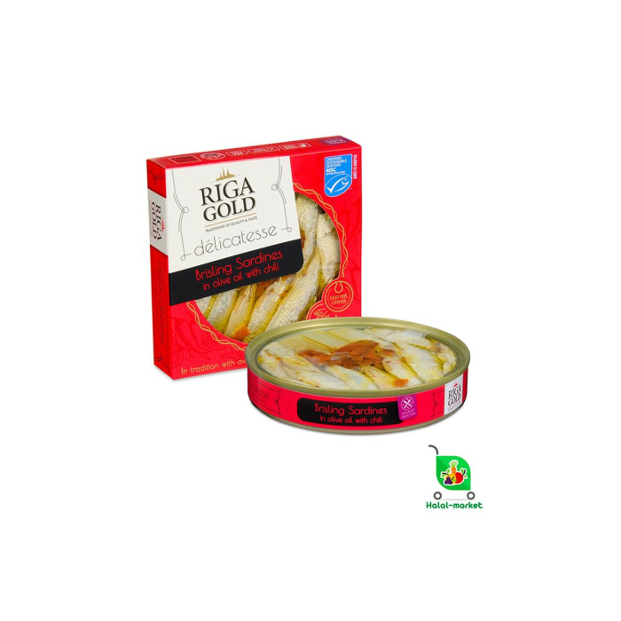 RIGA GOLD Brisling Sardinlar Zaytun Yog'ida Qizil Murch Bilan 120gr