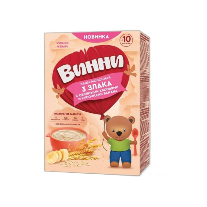 КАША ВИННИ 3 ЗЛАКА КУСОЧКАМИ БАНАН 10 МЕСЯЦ 200г