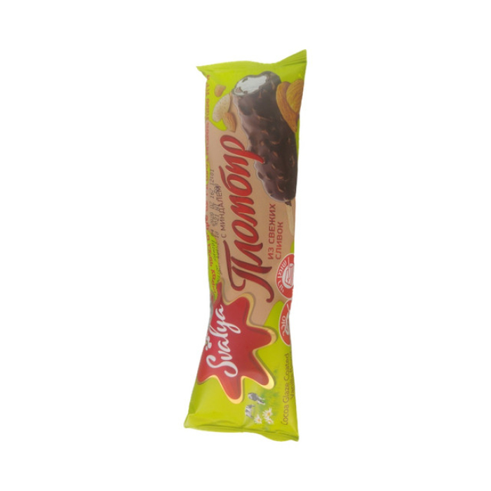 Creamy vanilla-flavored plombir ice cream with almonds in chocolate coating on a stick 63 g SVALIA
