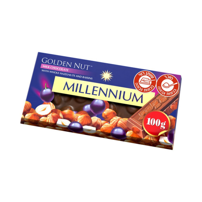 MILLENNIUM GOLD milk chocolate with whole hazelnuts and raisins 100 grams