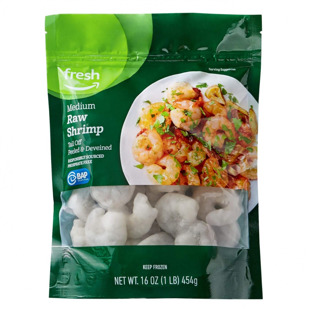 Amazon Fresh Brand, Raw Medium Peeled & Deveined Tail Off Shrimp Frozen, Responsibly Sourced, Phosphate Free, 1 kg, (41-50 Count/Pound)
