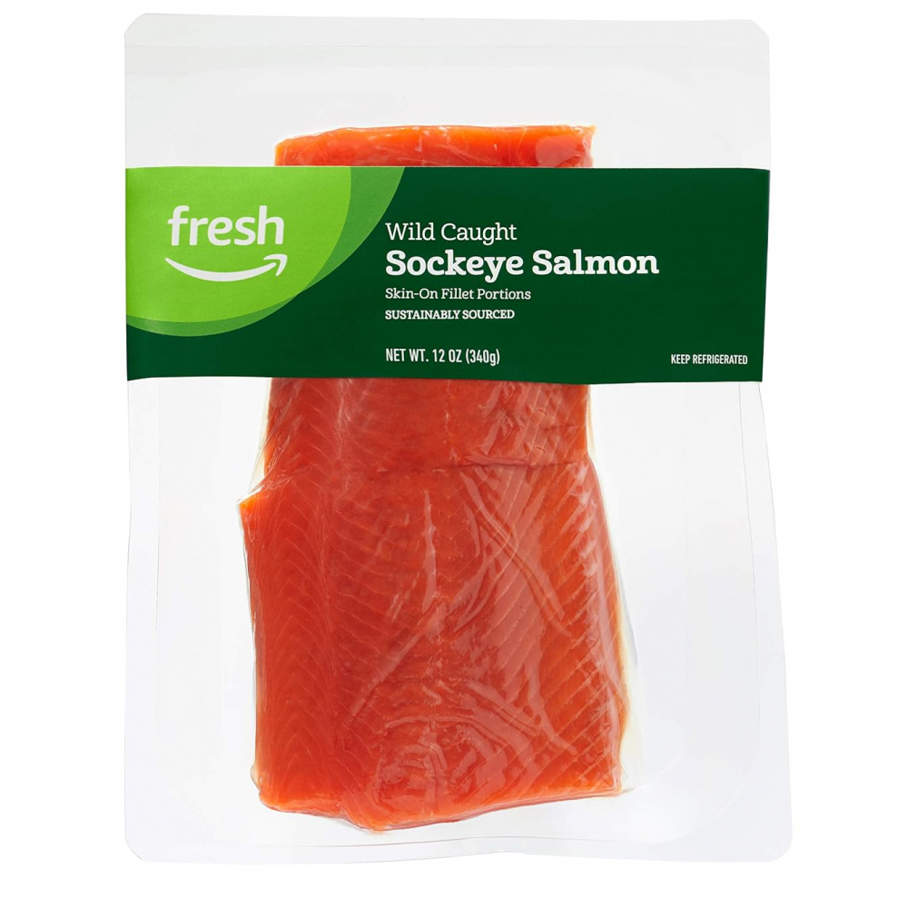 Amazon Fresh Brand, Wild Caught Sockeye Salmon Skin On Fillet Portions, 1 kg, Sustainably Sourced (Previously Frozen)