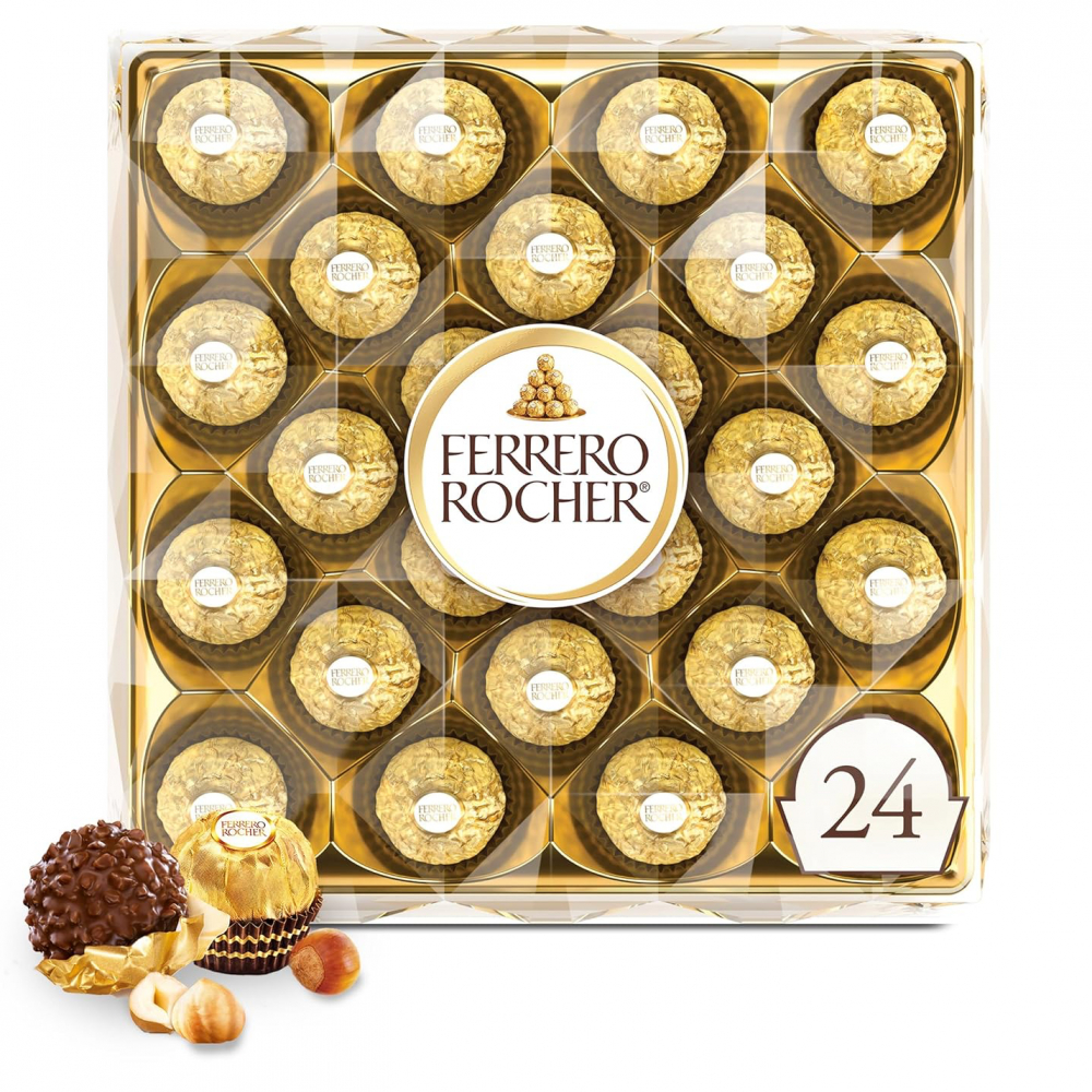 Ferrero Rocher, 24 unidades, Avellana en chocolate con leche gourmet, Caja de regalo de chocolate, Envuelto de forma individual.