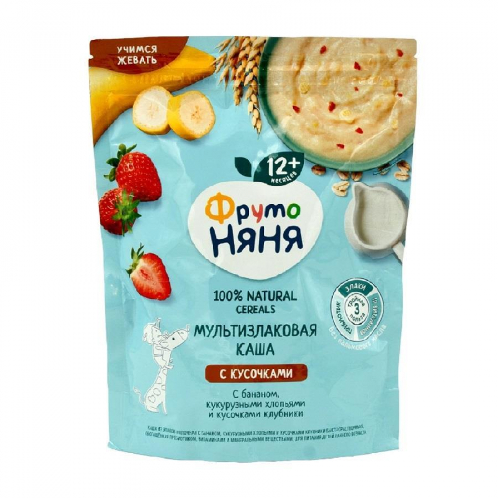 Каша ФРУТО НЯНЯ Мультизлаковая Банан,Кукурузные Хлопья,Клубника 200гр